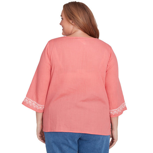 Free Spirit Woven Yoke Embroidery Flutter Cuff Shirt Plus Size