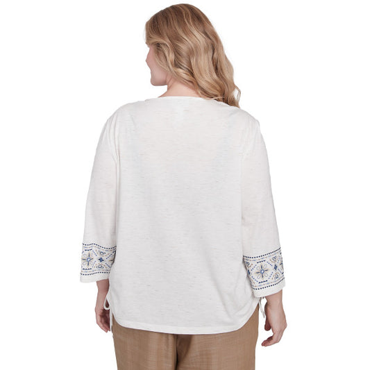 Summer Solstice Embroidered Linear Yoke Knit Top Plus Size