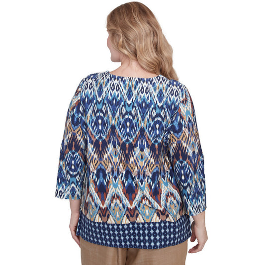 Summer Solstice Ikat Diamond Border Knit Top Plus Size