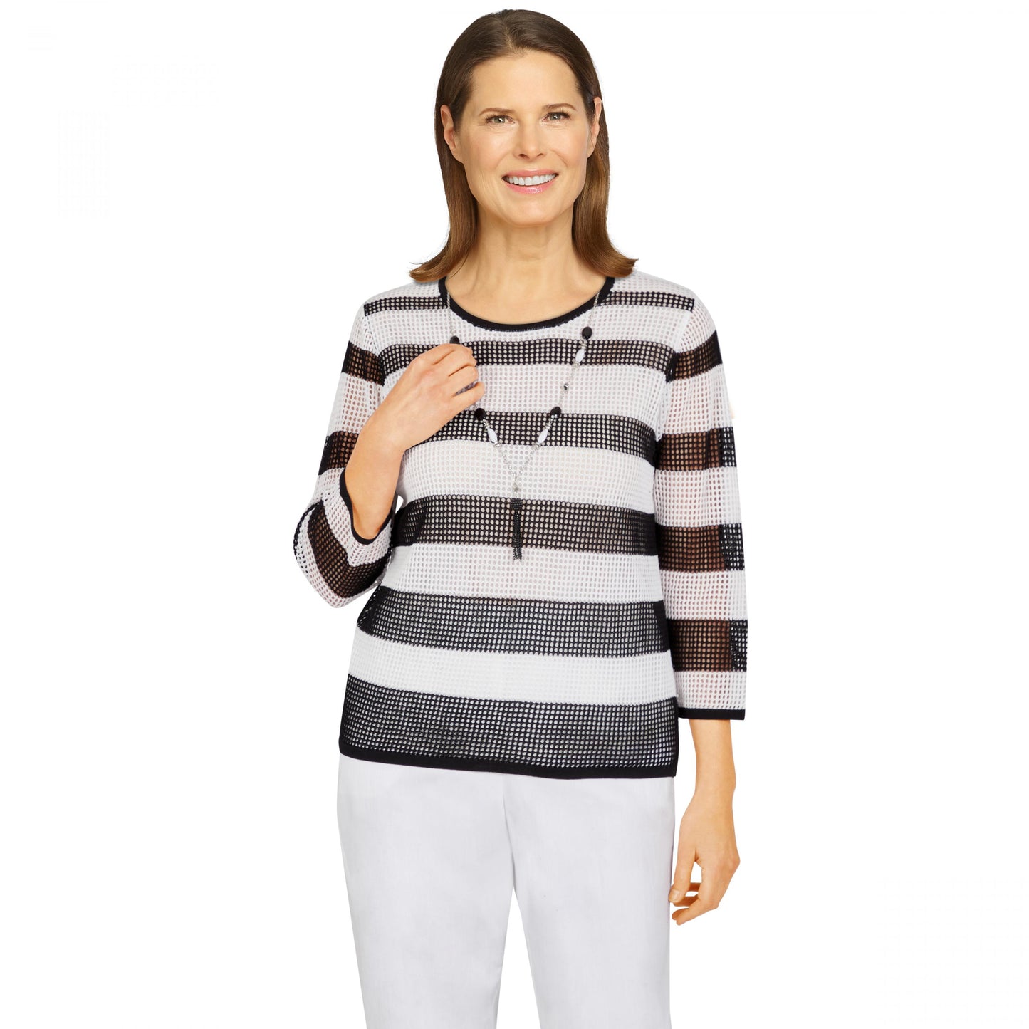 Portofino Mesh Striped Sweater With Necklace Petite