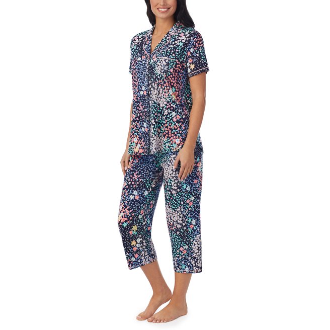 Short Sleeve Notch Collar PJ Set With Crop Pant