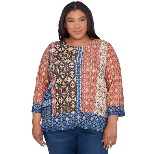 Harvest Moon Batik Texture Border Knit Shirt Plus Size