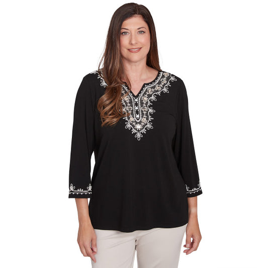 Romancing The Stone Scroll Embroidered Yoke Knit Top Plus Size