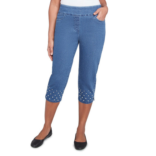 Flower Power Superstretch Denim Capri With Pearl Detail