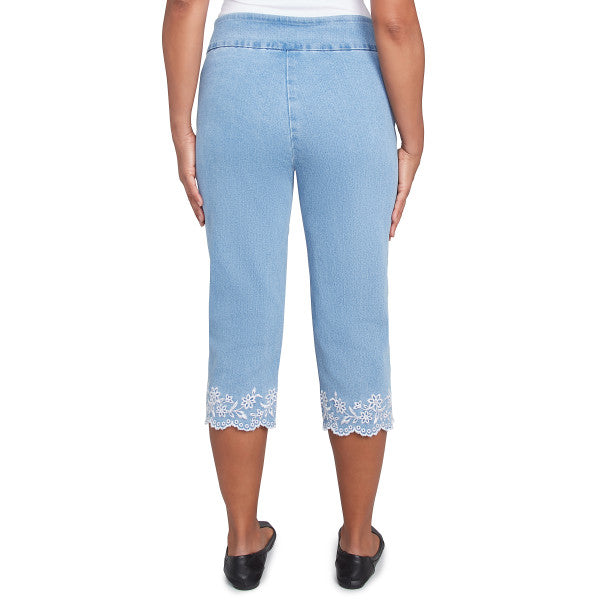 Flower Power Superstretch Denim Floral Embroidered Capri Pant