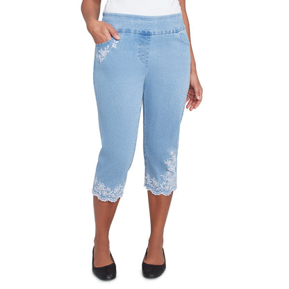 Flower Power Superstretch Denim Floral Embroidered Capri Pant