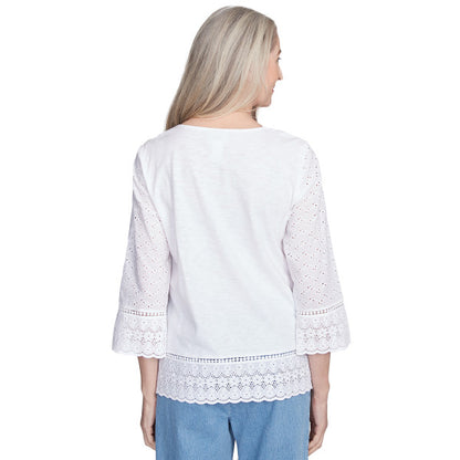 Flower Power Embroidered Yoke With Eyelit Trim Knit Shirt