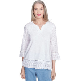 Flower Power Embroidered Yoke With Eyelit Trim Knit Shirt