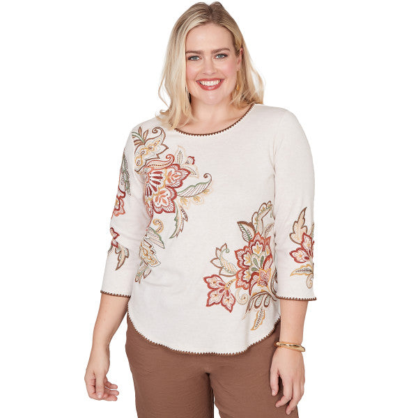 Spice Market Asymmetric Scroll Floral Knit Shirt Plus