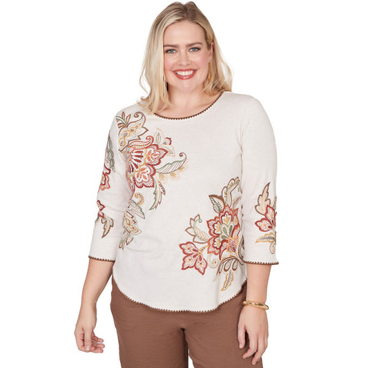 Spice Market Asymmetric Scroll Floral Knit Shirt Plus