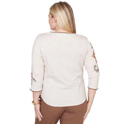 Spice Market Asymmetric Scroll Floral Knit Shirt Plus