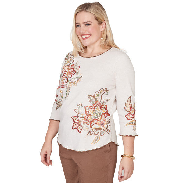 Spice Market Asymmetric Scroll Floral Knit Shirt Plus