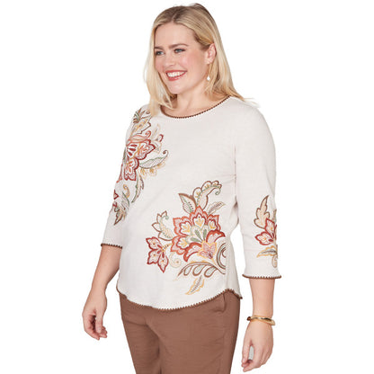 Spice Market Asymmetric Scroll Floral Knit Shirt Plus