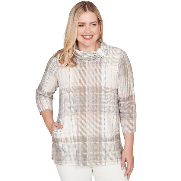 Vienna Knit Plaid Cowl Neck Shirt