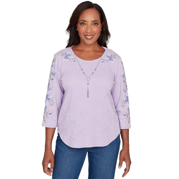 Hilton Head Embroidered Sleeves With Necklace Knit Shirt Petite Sizes