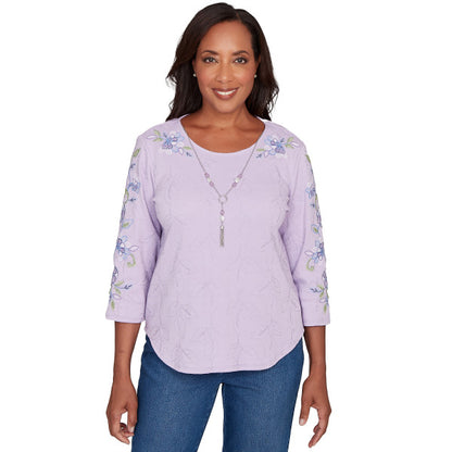 Hilton Head Embroidered Sleeves With Necklace Knit Shirt Petite Sizes