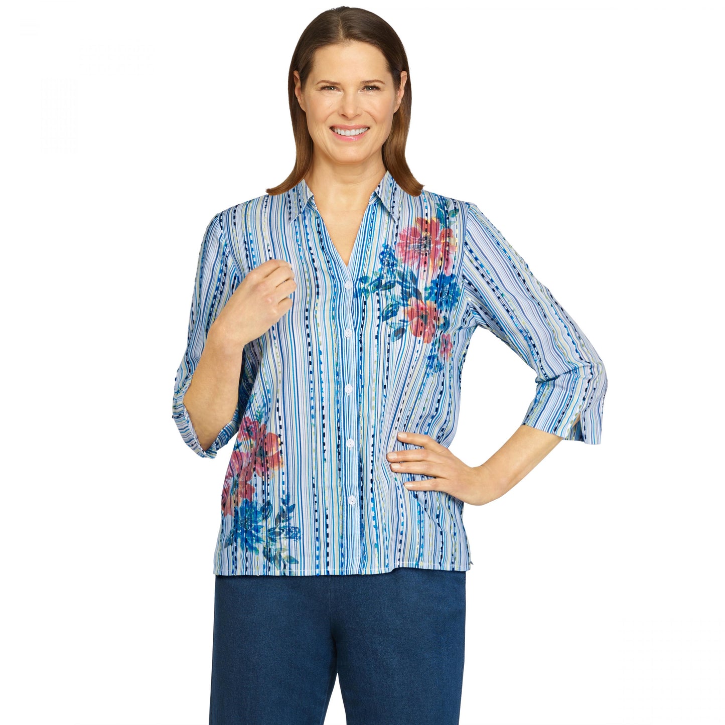 Eyelash Stripe Asymmetric Floral Shirt  Petite