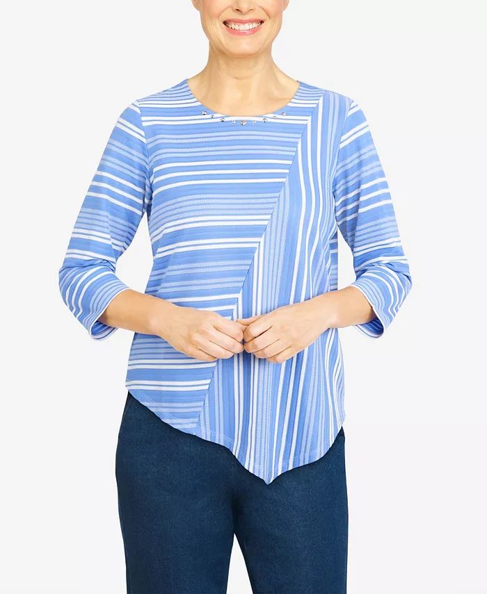 Life Of Leisure Spliced Stripe Asymmetric Hem Knit Shirt