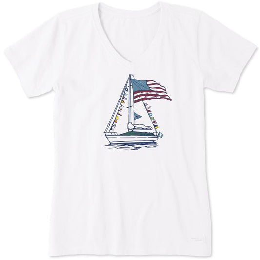 Women Crusher Lite Big USA Sailboat V Neck Tee Shirt