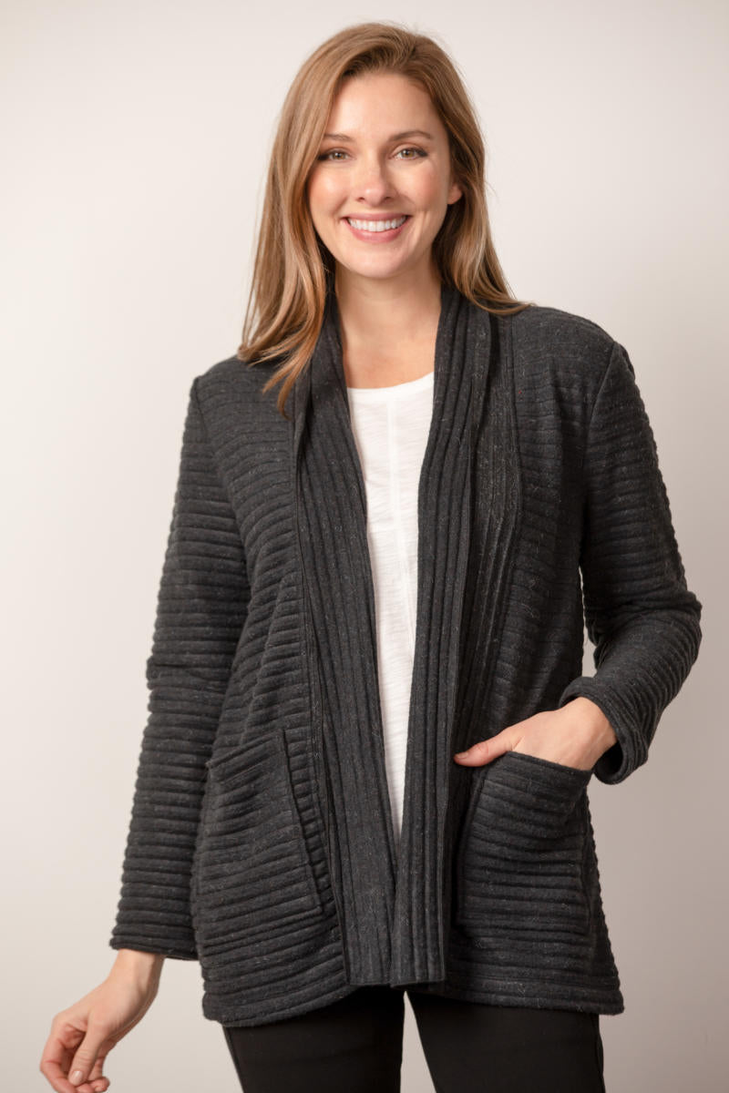 Heathered Pleated Fleece Shawl Collar Jacket