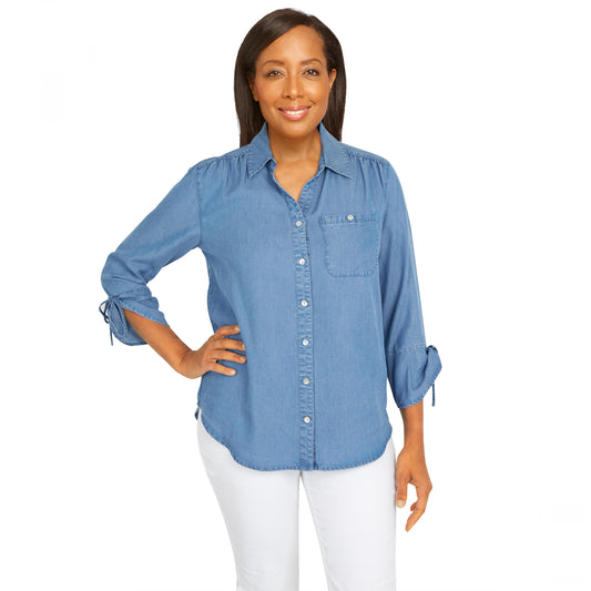 Jean Pool Woven Button Front Shirt Petite