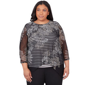 Opposites Attract Flower Mesh Overlay Stripe Shirt Plus Size