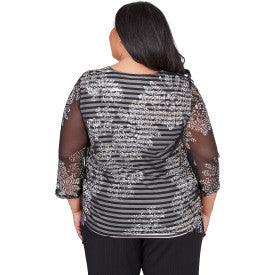 Opposites Attract Flower Mesh Overlay Stripe Shirt Plus Size