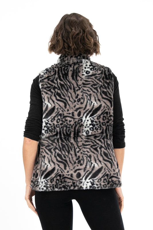 Leo Zebra Faux Fur Cinch Waist Vest Reversible